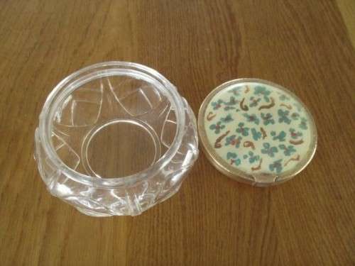 VINTAGE PRESSED GLASS TRINKET BOX WITH HAND PAINTED LID