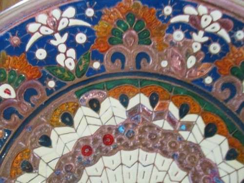 VERY STRIKING ENAMELLED BRASS AND COPPER PLAQUE WITH STAND - VIBRANT COLOURS