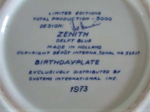 LIMITED EDITION VINTAGE 1973 ZENITH DELFT BLUE, HOLLAND BIRTHDAY PLATE - TUESDAY`S CHILD (BOY)