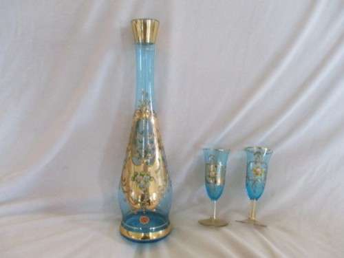 BEAUTIFUL COLOUR - VINTAGE HAND PAINTED MURANO? GLASS AND DECANTER SET - MADE IN ITALY