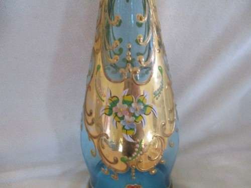 BEAUTIFUL COLOUR - VINTAGE HAND PAINTED MURANO? GLASS AND DECANTER SET - MADE IN ITALY