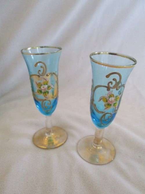 BEAUTIFUL COLOUR - VINTAGE HAND PAINTED MURANO? GLASS AND DECANTER SET - MADE IN ITALY