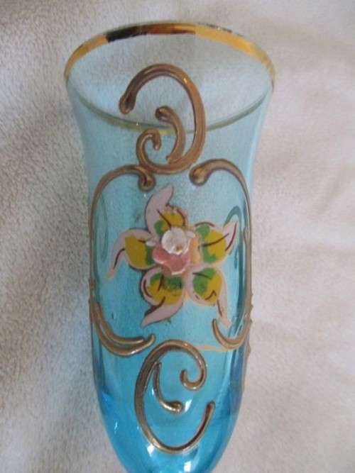 BEAUTIFUL COLOUR - VINTAGE HAND PAINTED MURANO? GLASS AND DECANTER SET - MADE IN ITALY