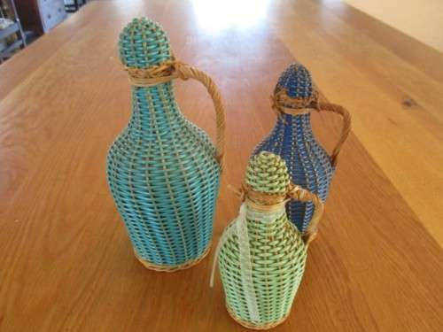 RARE!  3 VINTAGE 1930`s KWV WINES WICKER COVERED EAU DE COLOGNE PERFUME BOTTLES - AWESOME CONDITION