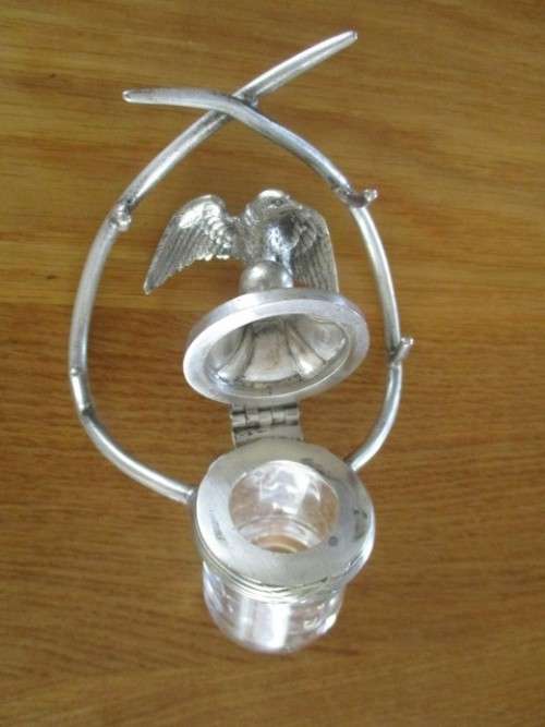 ANTIQUE VICTORIAN ERA INKWELL AND PEN HOLDER  WITH EAGLE ON LID - CIRCA 1880`s - BRADLEY & HUBBARD?