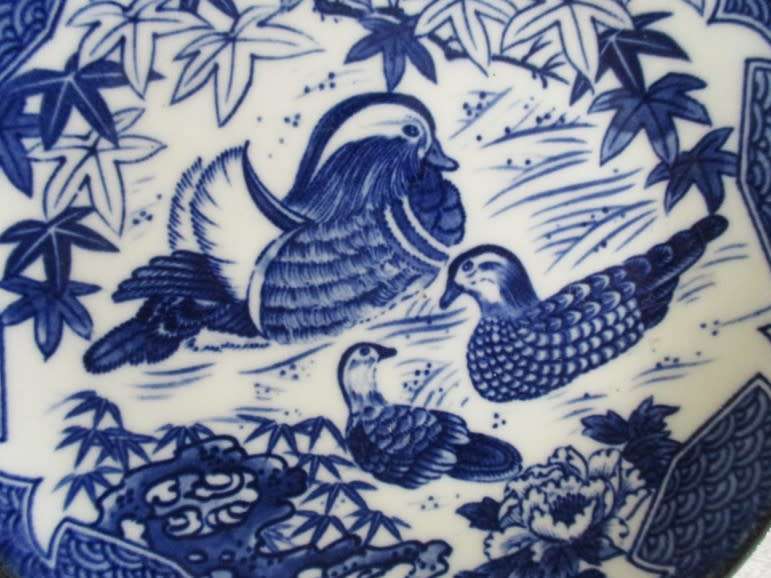 Blue and white genuine Imari plate depicting detailed Mandarin ducks (plus wall hanger)