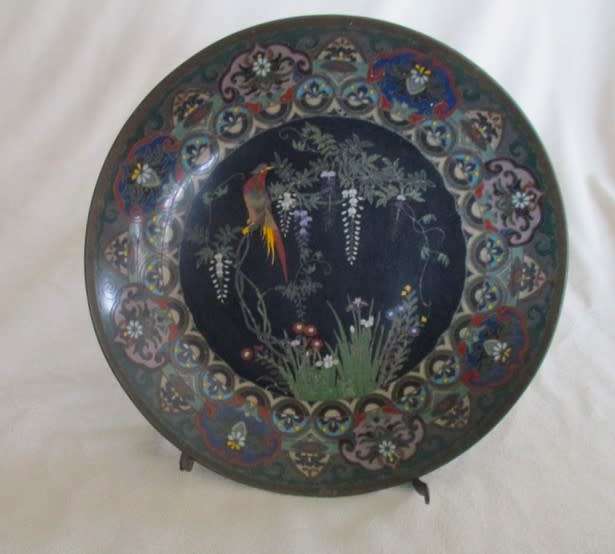 FOR LINX 69 ONLY -  MEIJI PERIOD (1868-1912) CLOISONNE PLATE WITH EXOTIC BIRD, WISTERIA AND IRISES