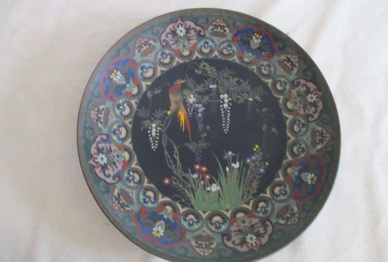 FOR LINX 69 ONLY -  MEIJI PERIOD (1868-1912) CLOISONNE PLATE WITH EXOTIC BIRD, WISTERIA AND IRISES