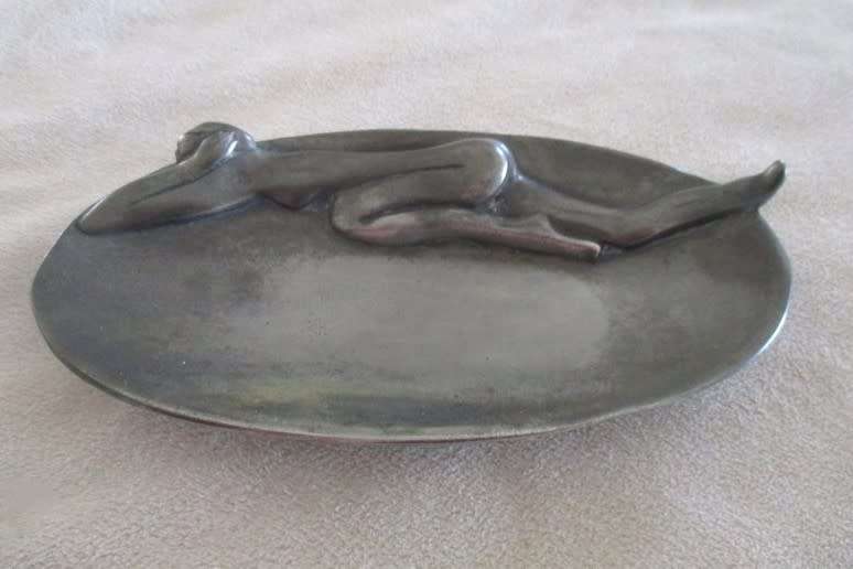 VINTAGE CARROL BOYES PEWTER SOAP DISH WITH NUDE LADY
