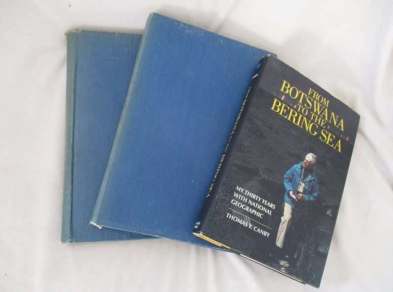 Six 1955 & 1956 National Geographic magazines (bound) plus book ex N.G. Writer & editor