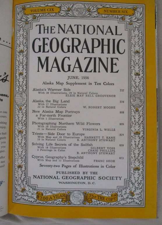 Six 1955 & 1956 National Geographic magazines (bound) plus book ex N.G. Writer & editor