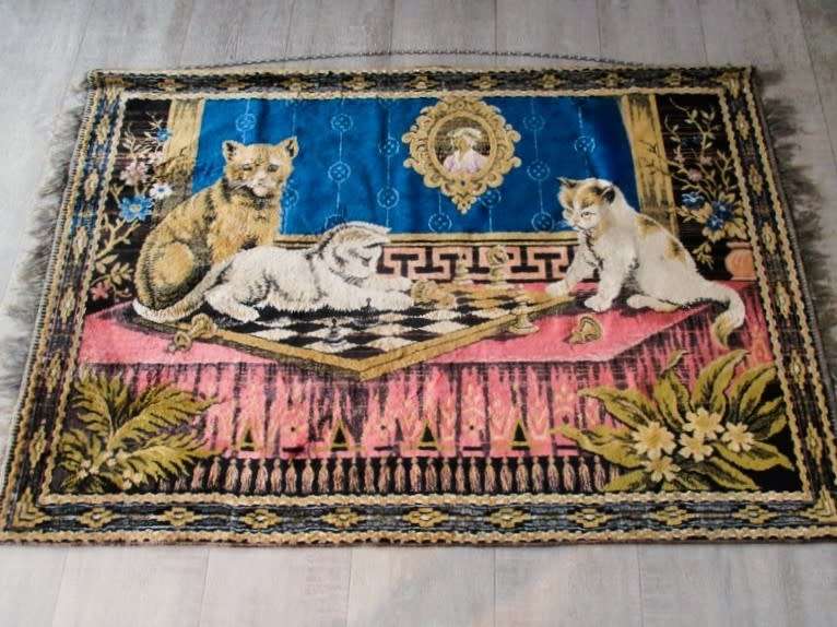For Liverobyn only - vintage velvet tapestry wall hanging - cats playing chess
