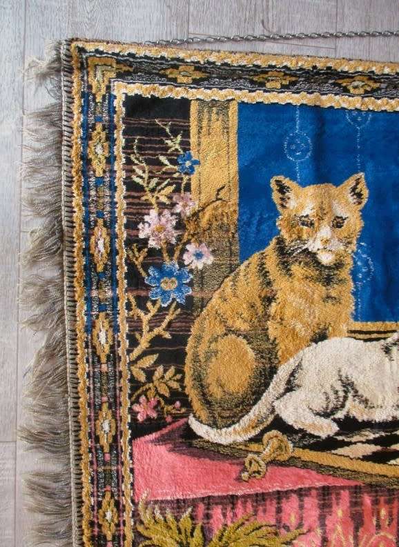 For Liverobyn only - vintage velvet tapestry wall hanging - cats playing chess