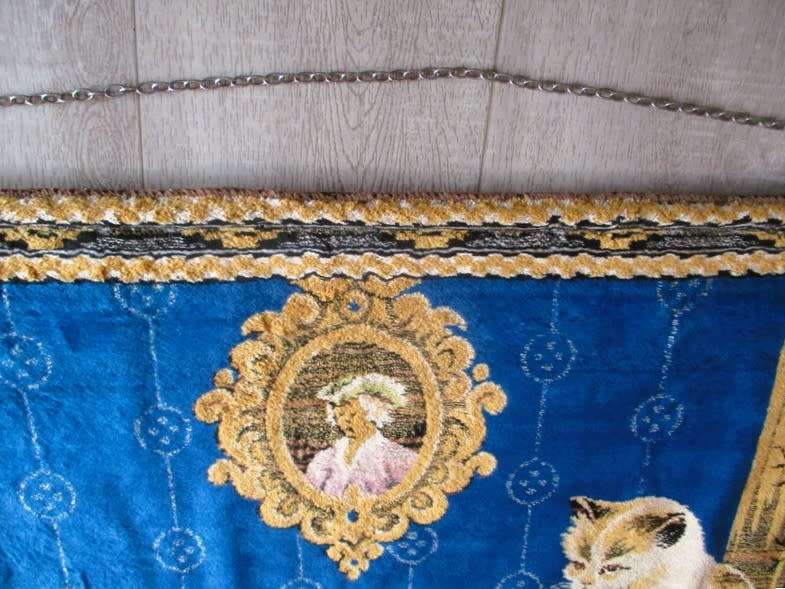 For Liverobyn only - vintage velvet tapestry wall hanging - cats playing chess