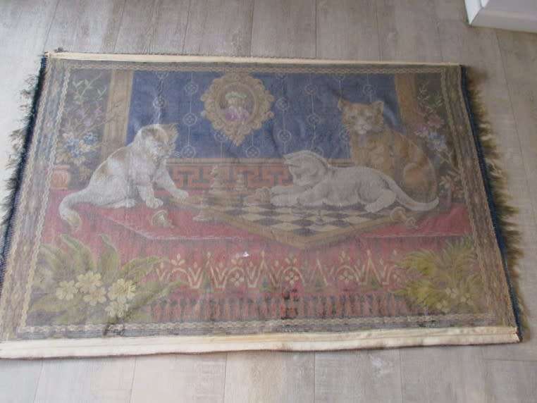 For Liverobyn only - vintage velvet tapestry wall hanging - cats playing chess