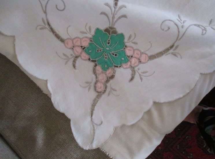 A large vintage embroidered Madeira table cloth with lovely detail