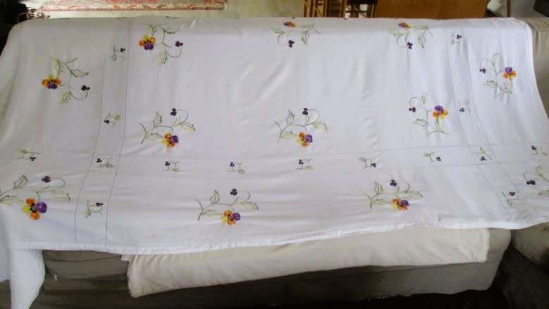 A very large hand embroidered table cloth with pretty pansies - 2.25m x 1.60m
