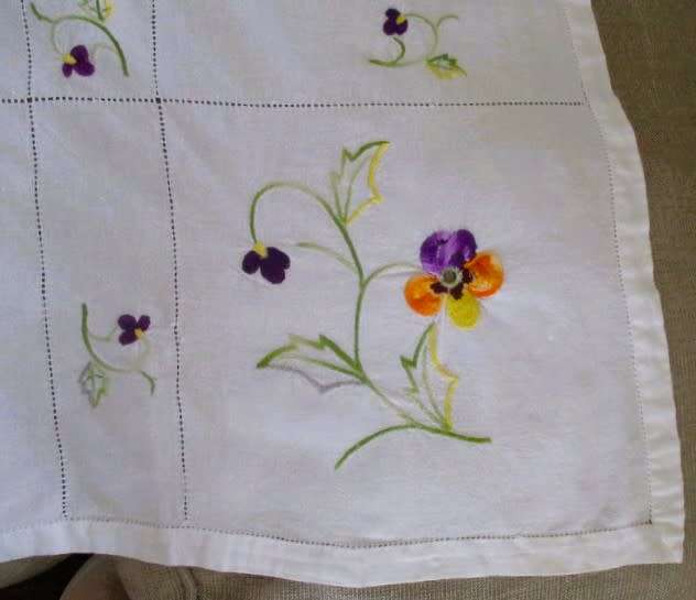 A very large hand embroidered table cloth with pretty pansies - 2.25m x 1.60m