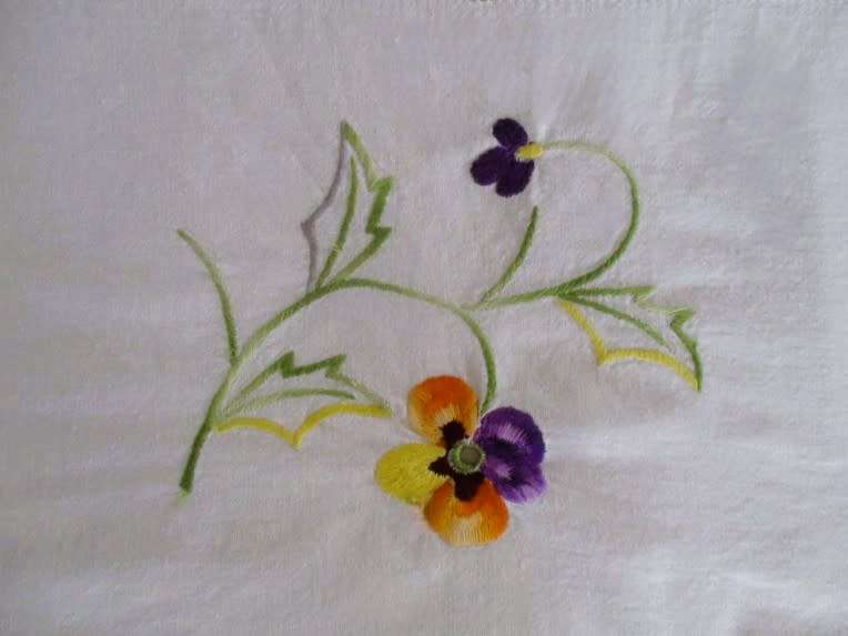 A very large hand embroidered table cloth with pretty pansies - 2.25m x 1.60m