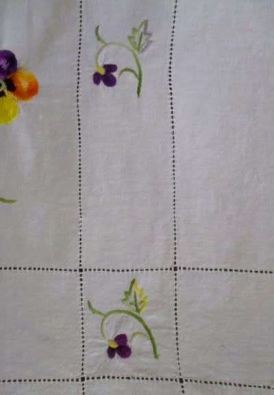 A very large hand embroidered table cloth with pretty pansies - 2.25m x 1.60m