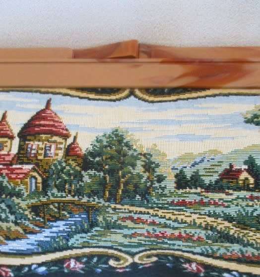 An exceptionally beautiful long vintage petit point tapestry clutch bag bag with bakelite handles