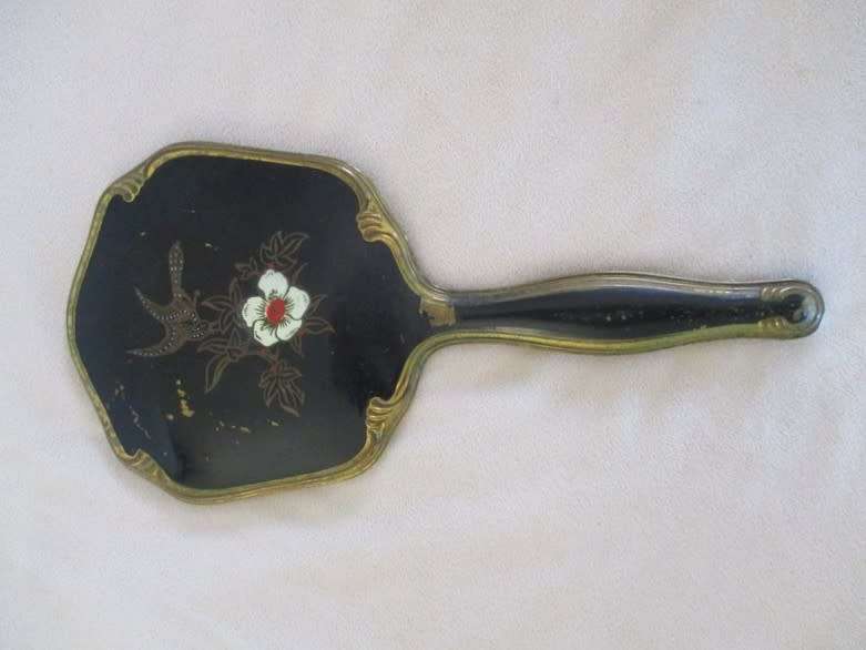 Vintage/antique hand painted enamel four piece Mona Lisa vanity brush set in original box