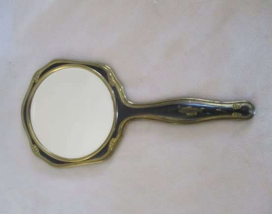 Vintage/antique hand painted enamel four piece Mona Lisa vanity brush set in original box