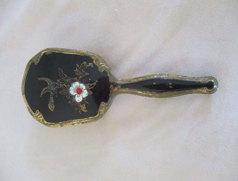 Vintage/antique hand painted enamel four piece Mona Lisa vanity brush set in original box