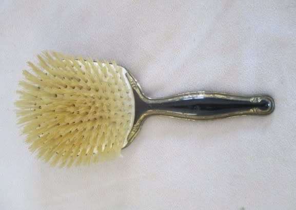 Vintage/antique hand painted enamel four piece Mona Lisa vanity brush set in original box