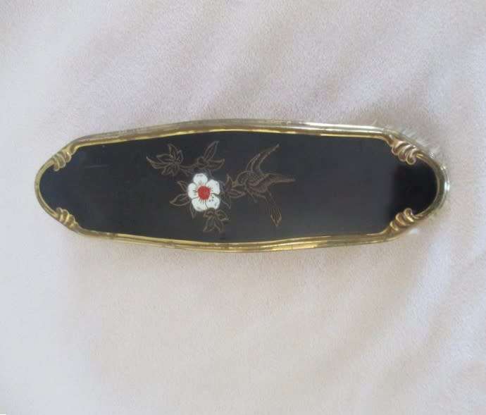 Vintage/antique hand painted enamel four piece Mona Lisa vanity brush set in original box