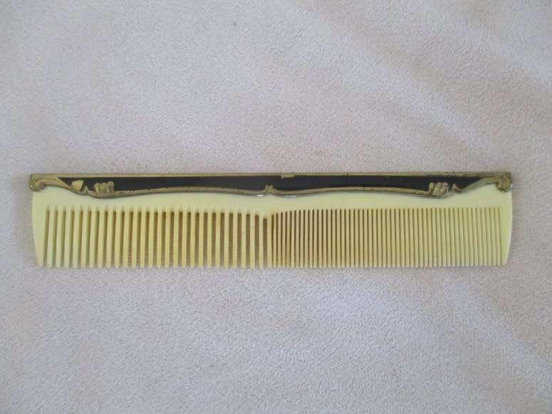 Vintage/antique hand painted enamel four piece Mona Lisa vanity brush set in original box