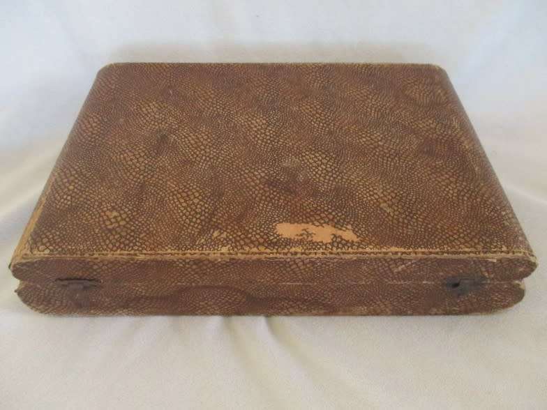 Vintage/antique hand painted enamel four piece Mona Lisa vanity brush set in original box