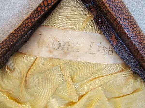 Vintage/antique hand painted enamel four piece Mona Lisa vanity brush set in original box