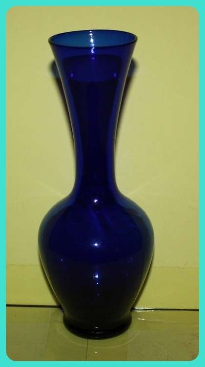 BLUE GLASS STEM VASE BUBBLE BOTTOM LONG NECK