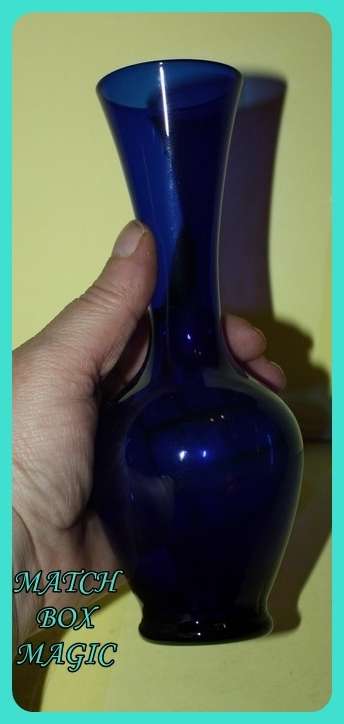 BLUE GLASS STEM VASE BUBBLE BOTTOM LONG NECK