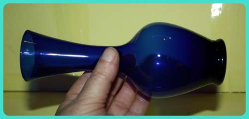 BLUE GLASS STEM VASE BUBBLE BOTTOM LONG NECK