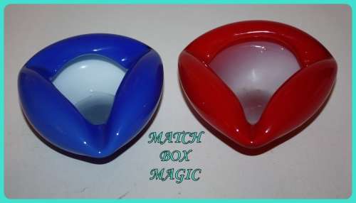 TWO HAND BLOWN GLASS ASHTRAYS MURANO STYLE BLUE WITH WHITE INLAY AND RED WITH WHITE INLAY