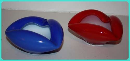 TWO HAND BLOWN GLASS ASHTRAYS MURANO STYLE BLUE WITH WHITE INLAY AND RED WITH WHITE INLAY