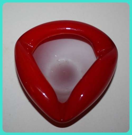 TWO HAND BLOWN GLASS ASHTRAYS MURANO STYLE BLUE WITH WHITE INLAY AND RED WITH WHITE INLAY