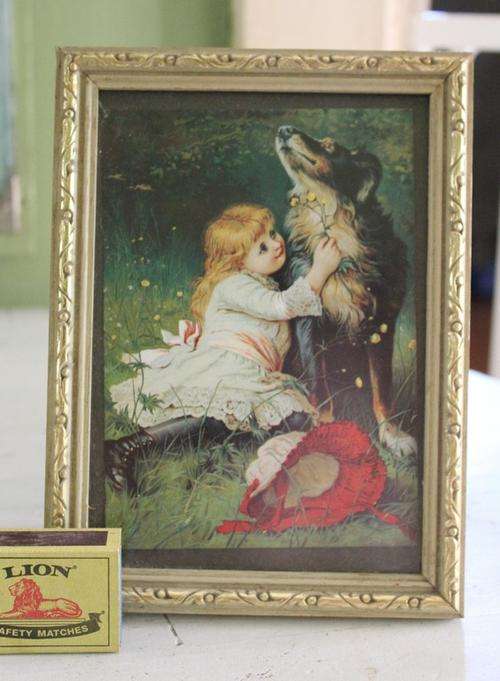 LOVELY GOLD GILT WOOD FRAME WITH PICTURE OF GIRL AND DOG