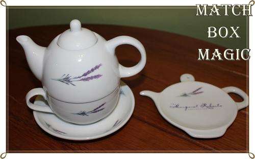 THE MARGARET ROBERTS COLLECTION LAVENDER ONE CUP TEAPOT SET AND SPOON REST