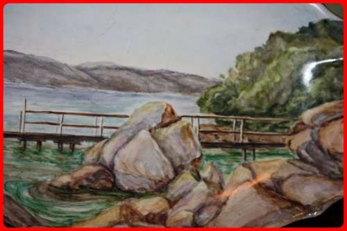 VINTAGE HAND PAINTED OBLONG BOWL BY A HARVEY  SCENE MIDDLETON BEACH ALBANY WEST AUSTRALIA