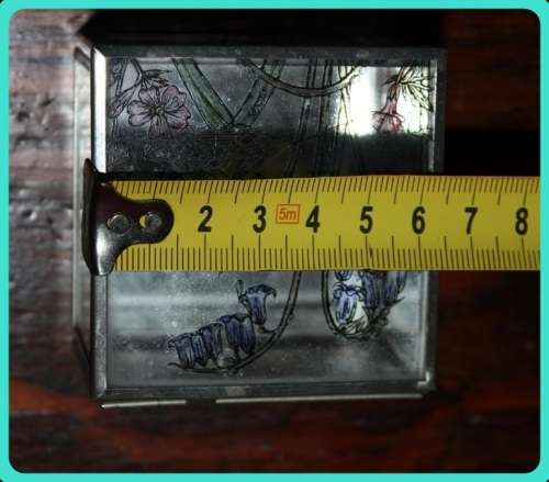 HINGED GLASS TRINKET BOX WITH MIRROR IN BOTTOM LOVELY FLORAL DESIGN WITH SPIDER WEB