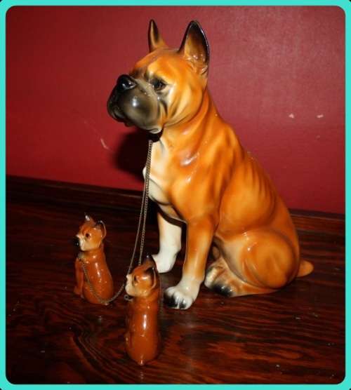 LARGE BOXER DOG AND PUPPIES CONNECTED  WITH CHAINS VINTAGE