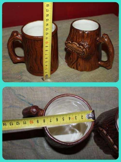 TWO AMERICAN SOUVENIR TANKARDS DISNEYLAND AND PENNSYLVANIA BROWN WOOD FINISH