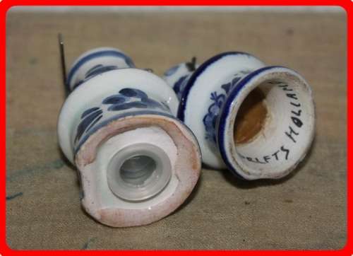 TWO SMALL DUTCH WINDMILLS BLUE AND WHITE METAL BLADES TURN