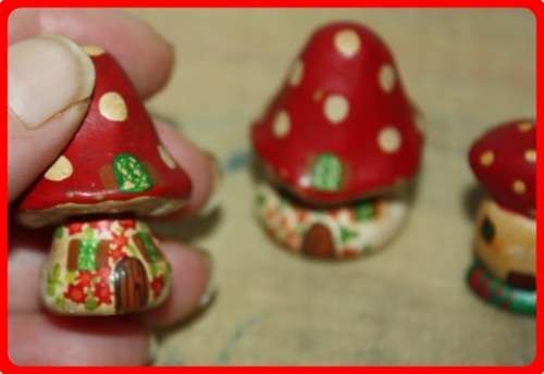 FOUR FAIRY HOUSE MUSHROOMS HAND PAINTED