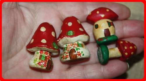 FOUR FAIRY HOUSE MUSHROOMS HAND PAINTED