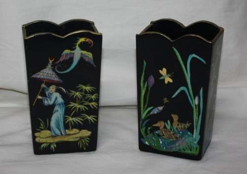 PAIR BLACK LACQUERED ORIENTAL CONTAINERS WITH MOTHER OF PEARL DETAIL