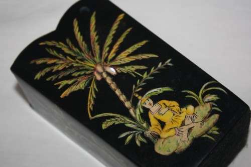 PAIR BLACK LACQUERED ORIENTAL CONTAINERS WITH MOTHER OF PEARL DETAIL